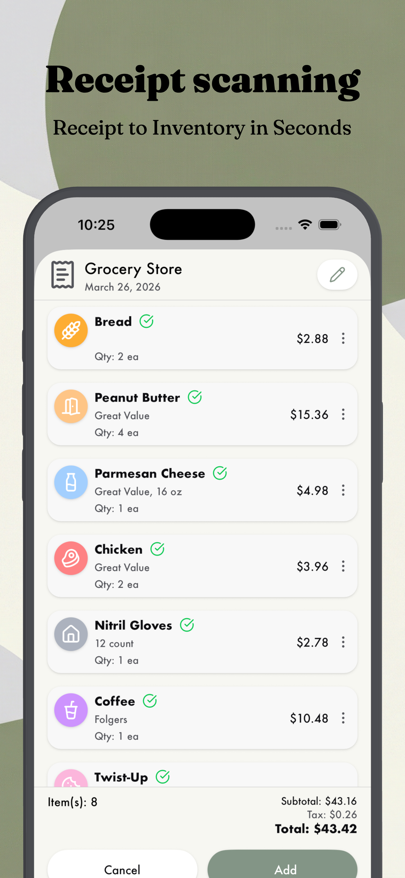 Scan a receipt to add items to your kitchen